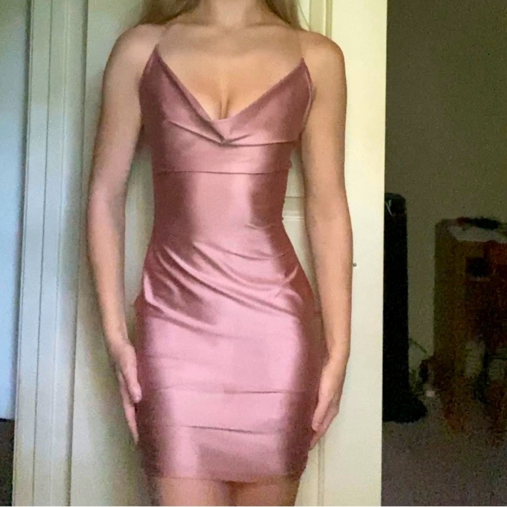 Dusty Pink Mini Satin Bodycon Lace Up Back Dress